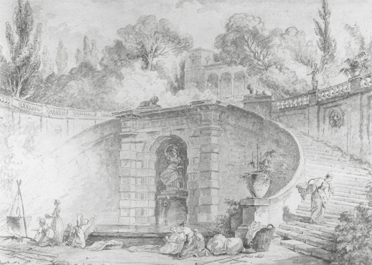 The Large Staircase, 1761-1765 (kynä ja musta muste, sivellin ja harmaa pesuaine ja akvarelli mustalla liidulla pohjapiirros luonnonvalkoiselle levitetylle paperille, vesileima) tekijältä Hubert Robert