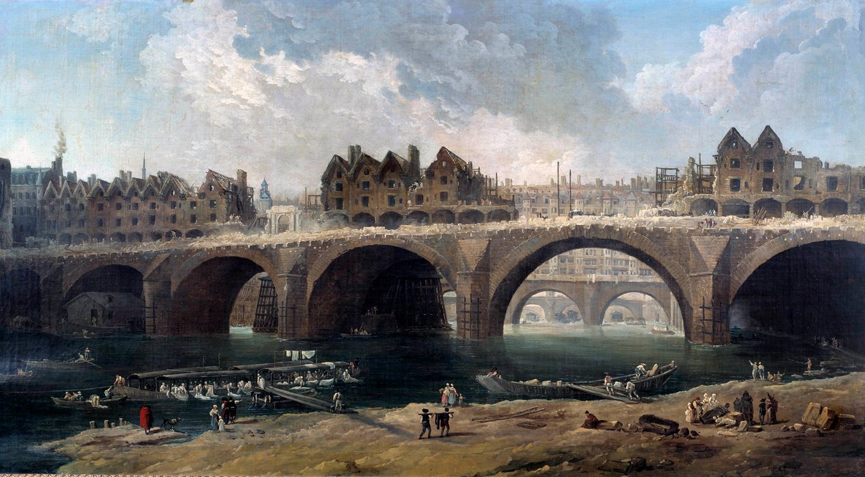 Talojen purku sillalla Notre-Dame (Notre Dame) Pariisissa vuonna 1786 Sur la Seine, venepesula (venepesula). Hubert Robertin (1733-1808) maalaus 1786 su. 0,86x1,59 m Pariisi, Musee Carnavalet tekijältä Hubert Robert