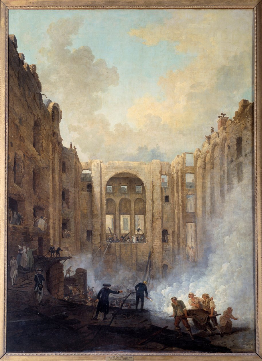 Oopperan tulipalo Palais Royalissa (Pariisi). Hubert Robertin (1733-1808) maalaus tekijältä Hubert Robert