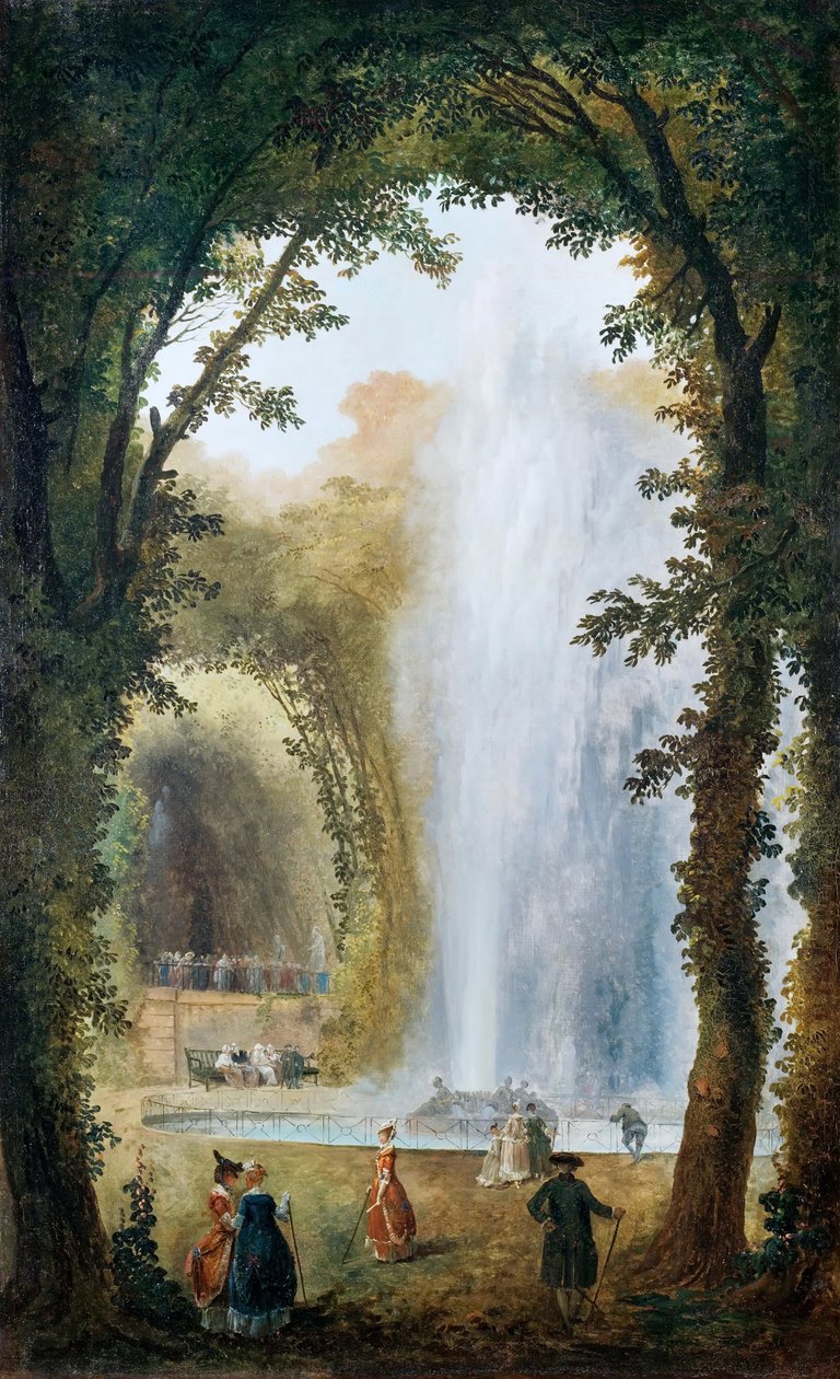 Suihkulähde Chateau de Marlyn muusien lehdossa tekijältä Hubert Robert