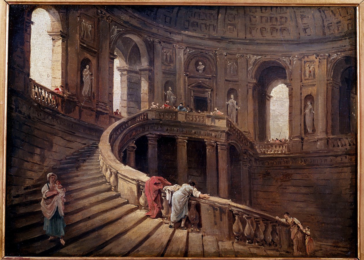 Palazzo Farnese a Caprarolan pyörivät portaat Hubert Robertin (1733-1808) maalaus 1700-luvun su. 0,24x0,33 m tekijältä Hubert Robert