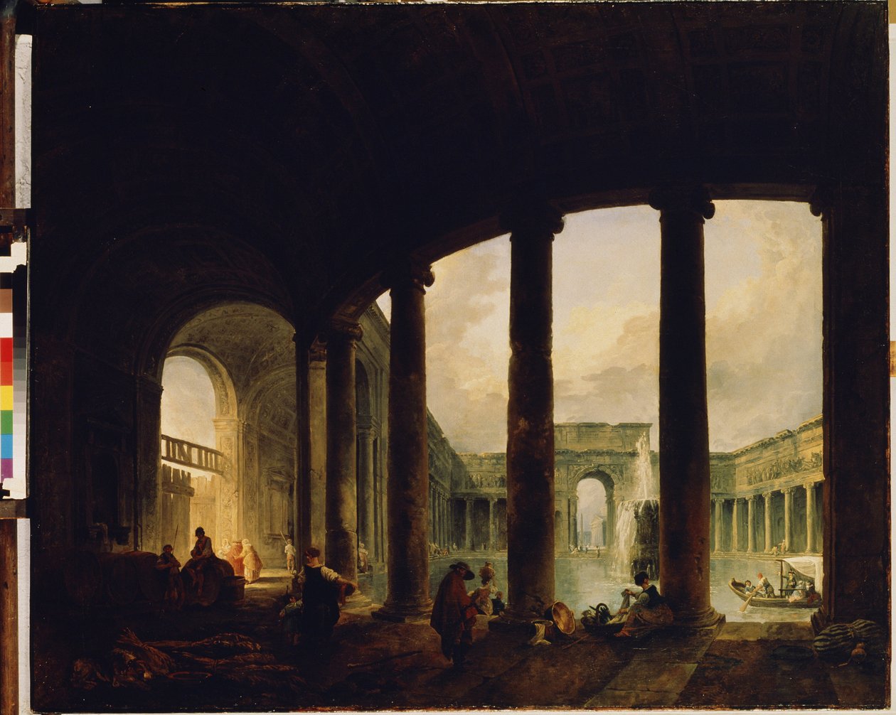""Pylvästien ympäröimä allas"" (Pylvästien ympäröimä uima-allas (Villa Giulia?)) Tämä saattaa olla Villa Giulia Roomassa. Hubert Robertin (1733-1808) maalaus Pietarin Eremitaaši tekijältä Hubert Robert
