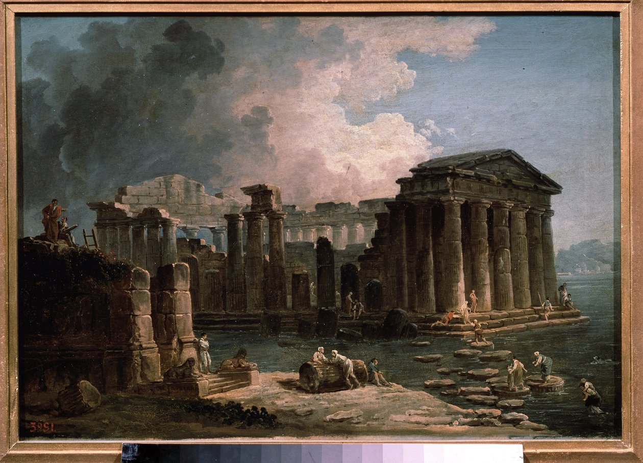 Temppeliä ympäröi vesi. Hubert Robertin (1733-1808) maalaus, öljy kankaalle, noin 1780, ranskalainen taide. Valtion A. Pushkinin kuvataidemuseo, Moskova. tekijältä Hubert Robert