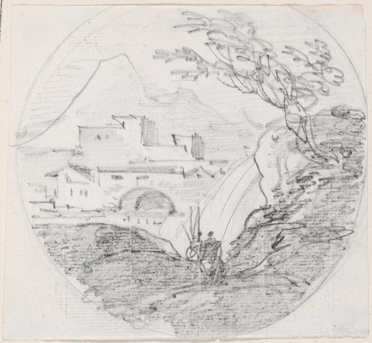 Näkymä harjanteelta kylään ja kaukaiselle vuorelle tekijältä Hubert Robert