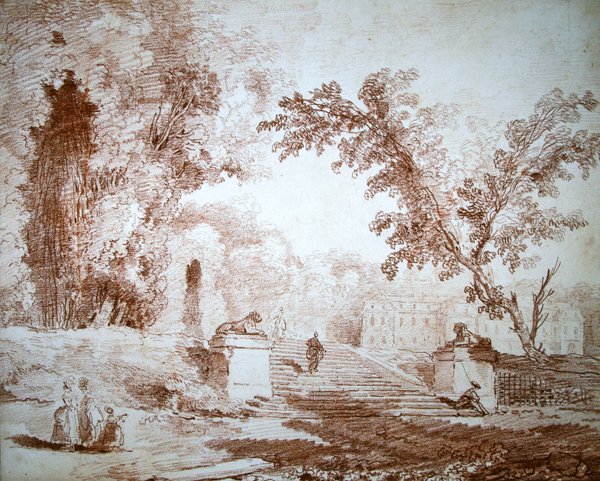 Näkymä puutarhaan terassilla (punainen liitu paperille) tekijältä Hubert Robert