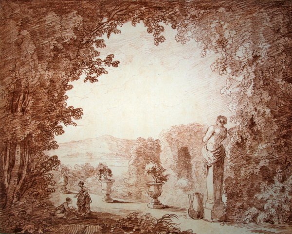 Näkymä puutarhaan patsailla (punainen liitu paperille) tekijältä Hubert Robert
