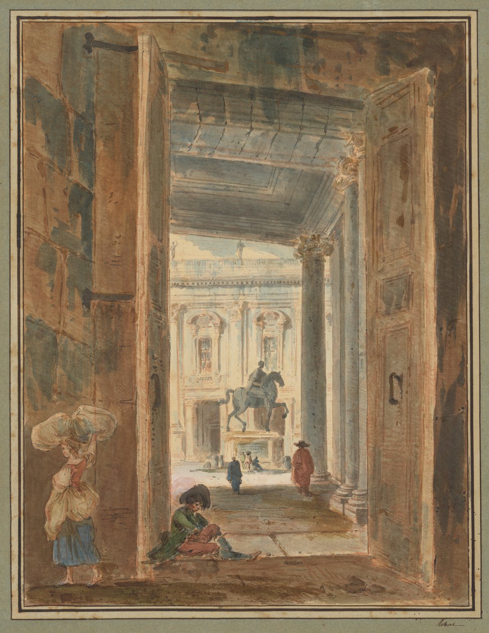Näkymä Capitoliumille ja Marcus Aureliuksen patsas tekijältä Hubert Robert