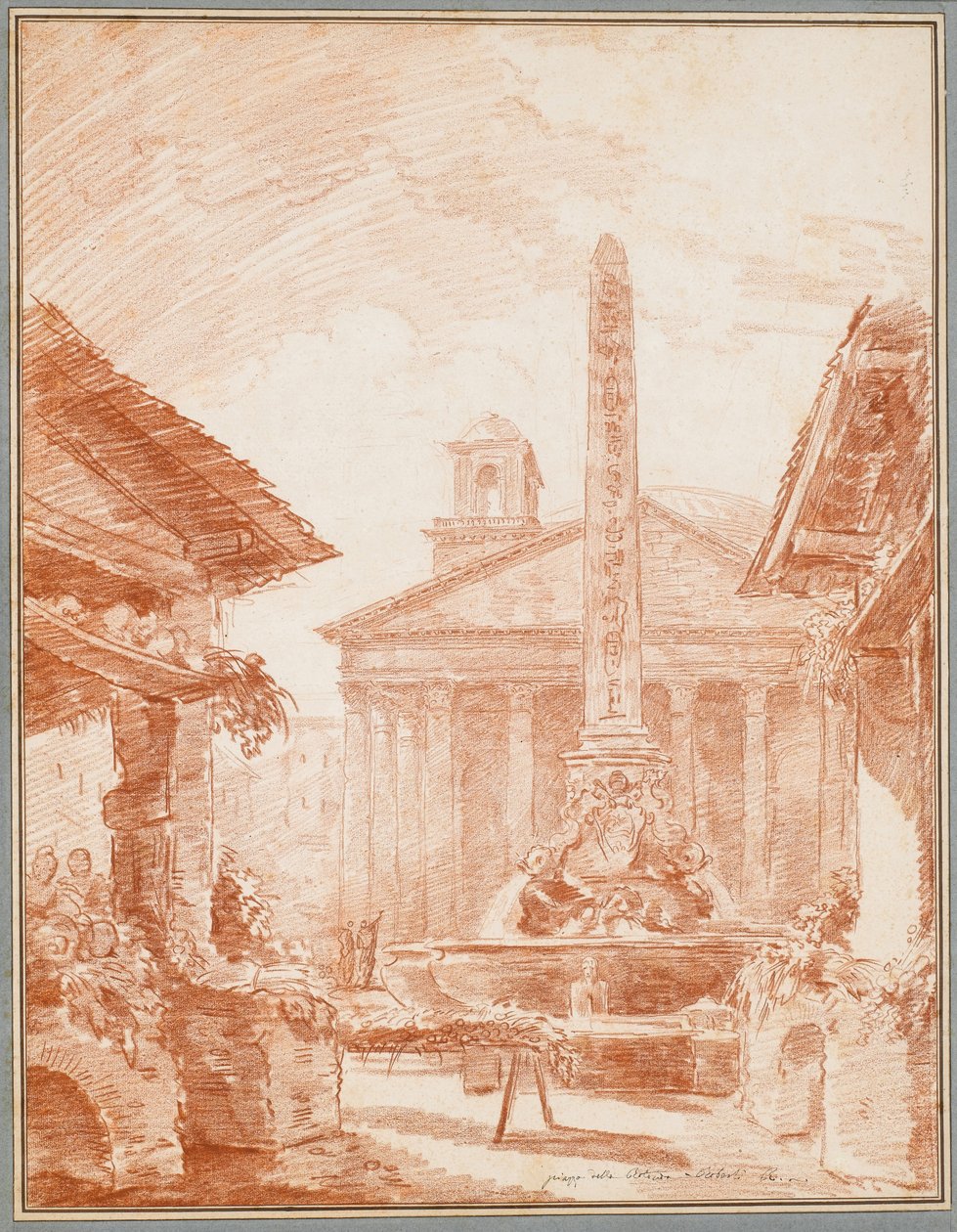 Näkymä Piazza della Rotondalle Roomassa Tritons-suihkulähteellä ja Pantheonin julkisivulla tekijältä Hubert Robert