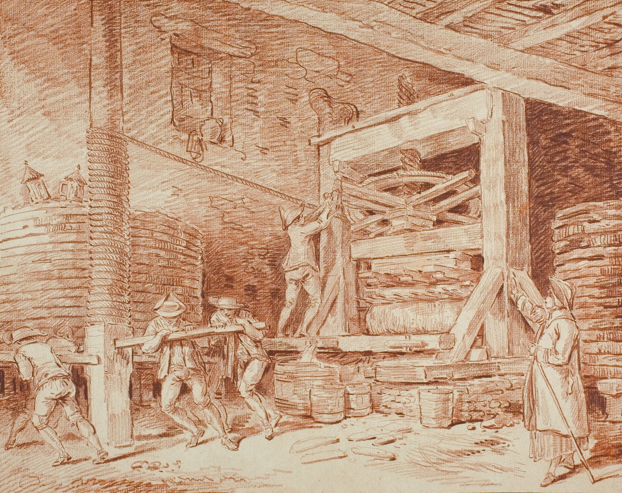 Viinipuristin, n. 1759 (punainen liitu kiiltävälle paperille, asetettu kermapaperille) tekijältä Hubert Robert