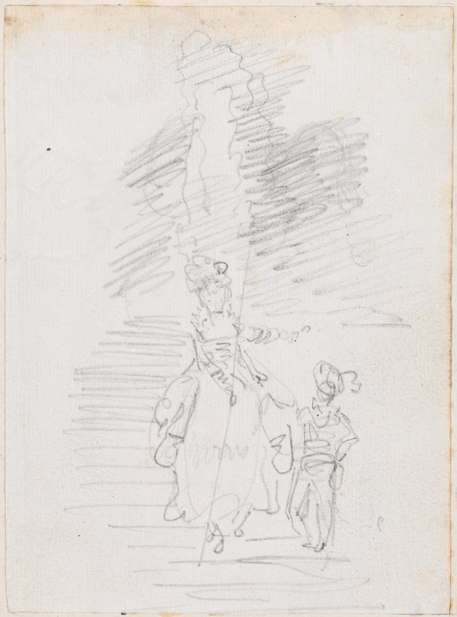 Nainen ja pienempi mieshahmo Grand Stairwayssa [recto] tekijältä Hubert Robert