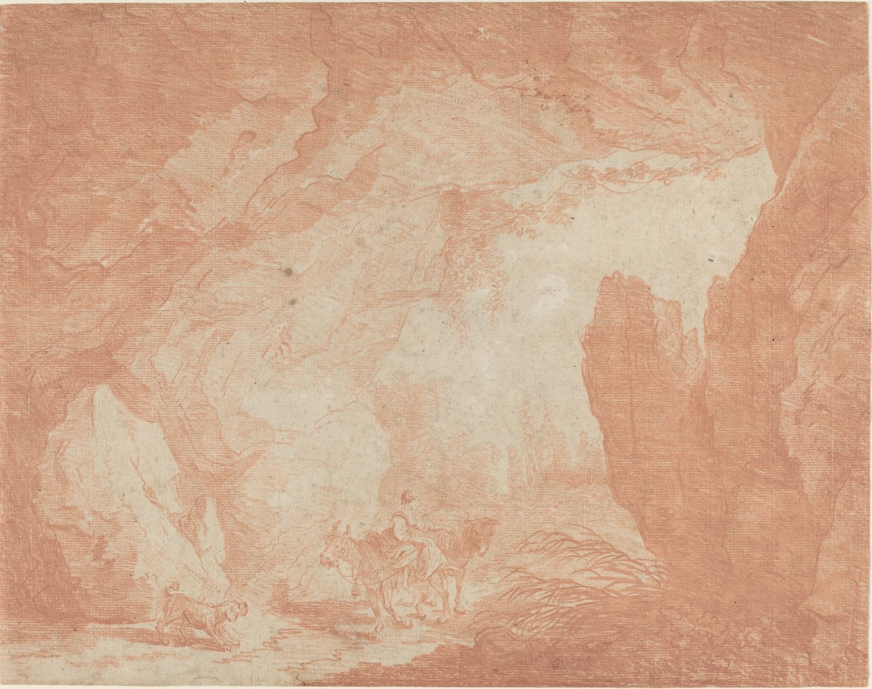 Nuori nainen aasien kanssa ratsastamassa luonnonsillan alla tekijältä Hubert Robert