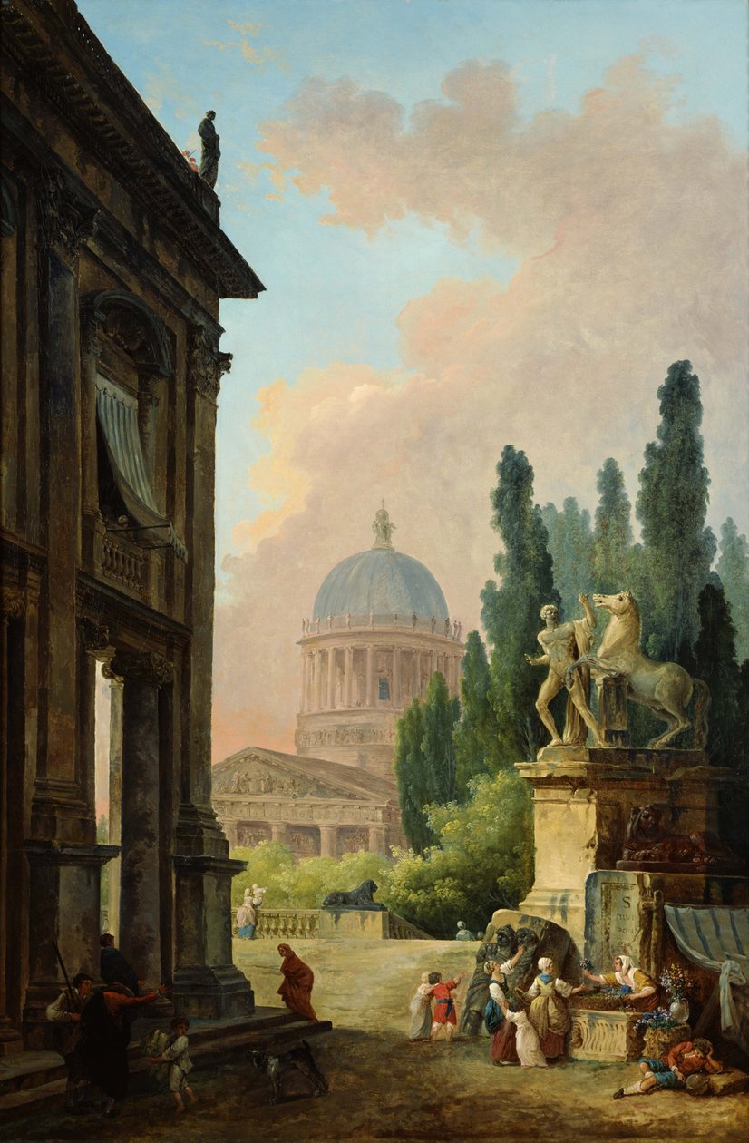 Monte Cavallon jättiläispatsas ja katedraali näkyvät kuvitteellisessa Rooman maisemassa tekijältä Hubert Robert