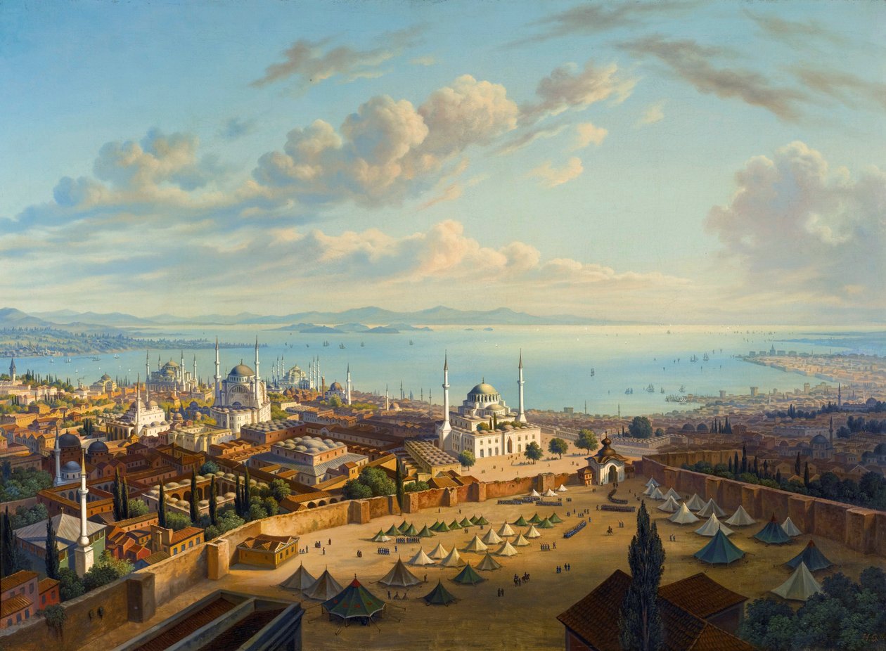 ""Näkymä Konstantinopoliin Seraskerin tornista (Bayezid tai Seraskier)"" (Konstantinopoli Beyazitin palotornista) Hubert Sattlerin (1817-1904) maalaus Öljy kankaalle, 74x101,5 - Yksityiskokoelma tekijältä Hubert Sattler