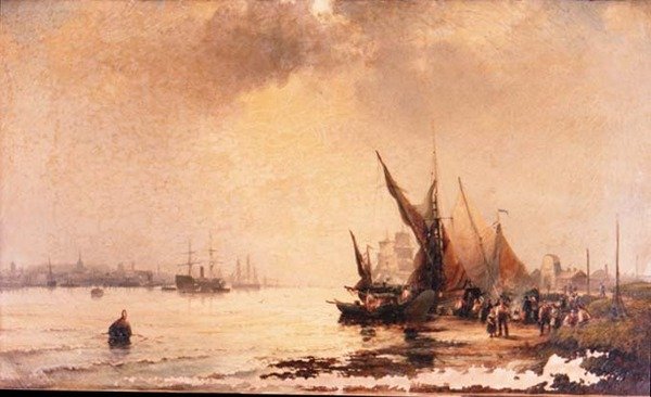 Kalastajia rannalla rauhallisessa suistossa aamunkoitteessa. tekijältä Hubert Thornley