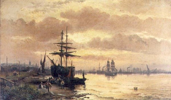 Kalastajat suiston rannalla auringonlaskun aikaan tekijältä Hubert Thornley
