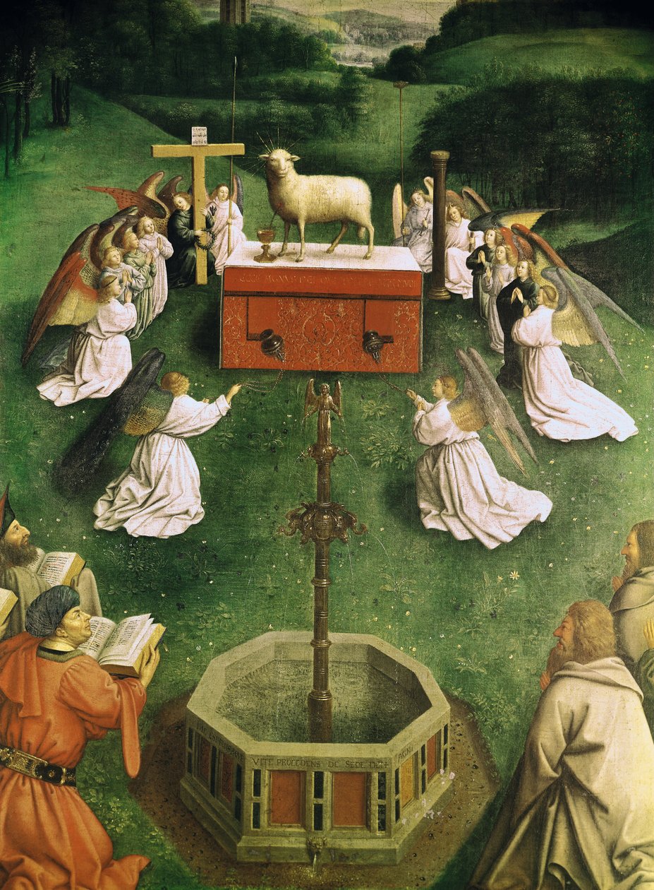 Kopio Mystisen Karitsan palvonnasta, Gentin alttaritaulusta, keskipaneelin alapuoli (öljy paneelissa) (katso myös 166057) tekijältä Hubert and Jan van  Eyck