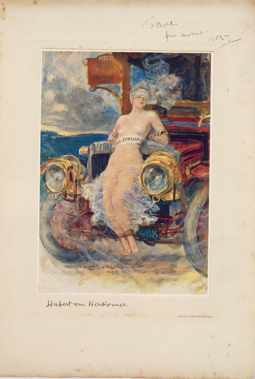 Juhlaohjelma, "Die Zukunft" ("Tulevaisuus") 1905 (valokuvaus valikkokortilla) tekijältä Hubert von Herkomer