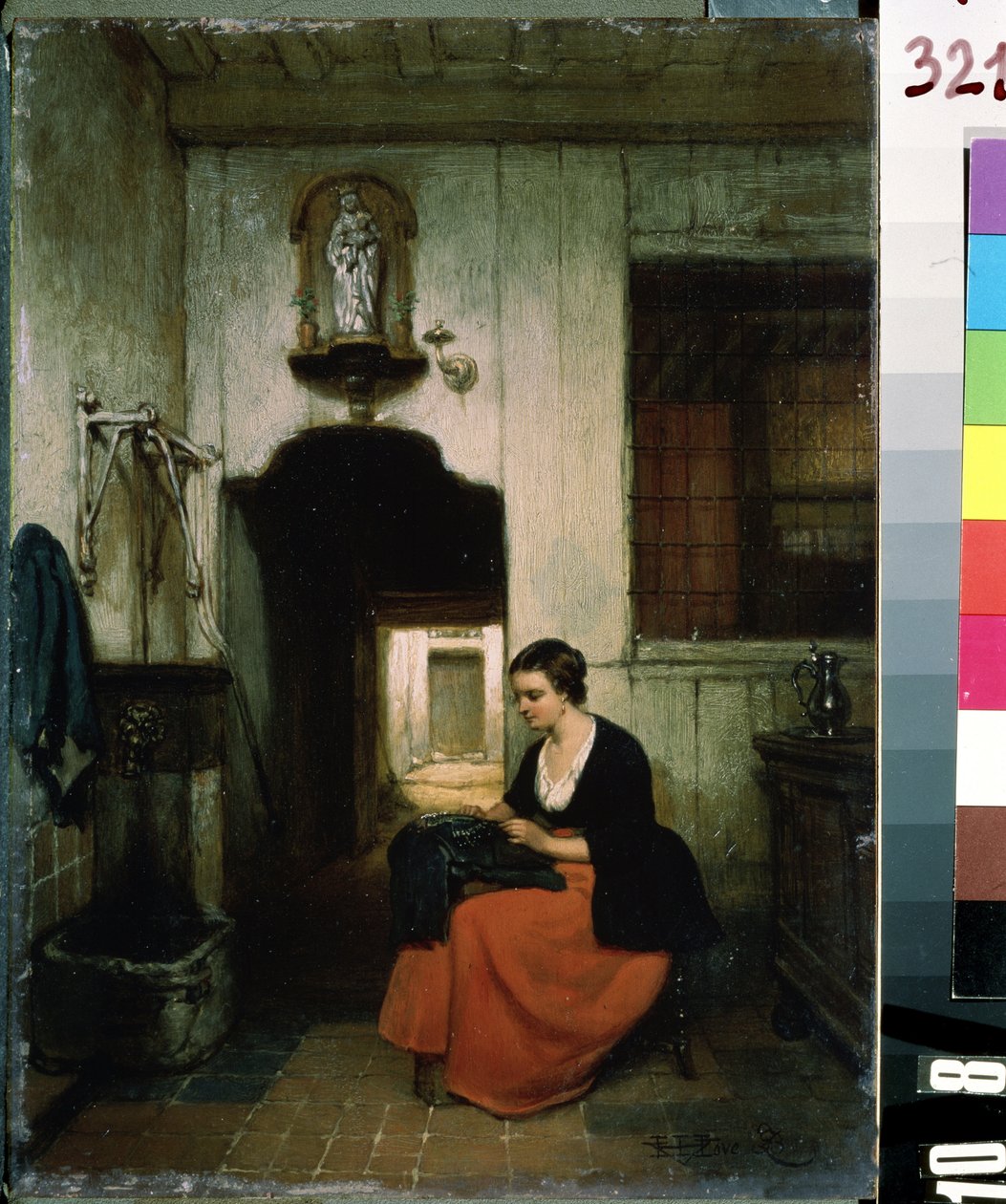 ""La brodeuse"" (kirjonta) Nuori nainen tekee ompelutyötä belgialaisessa sisustuksessa. Hubertus van Hoven (1814-1865) maalaus 1860 Mihail Kroshitskyn taidemuseo, Sevastopol (Sevastopol) Ukraina tekijältä Hubertus van Hove