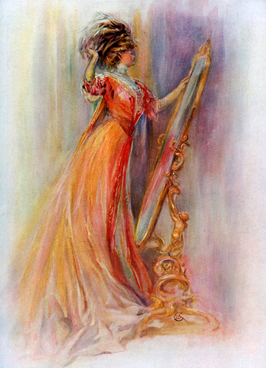 Nainen ihailemassa itseään peilissä, 1908-1909. tekijältä Hubner and Wilson