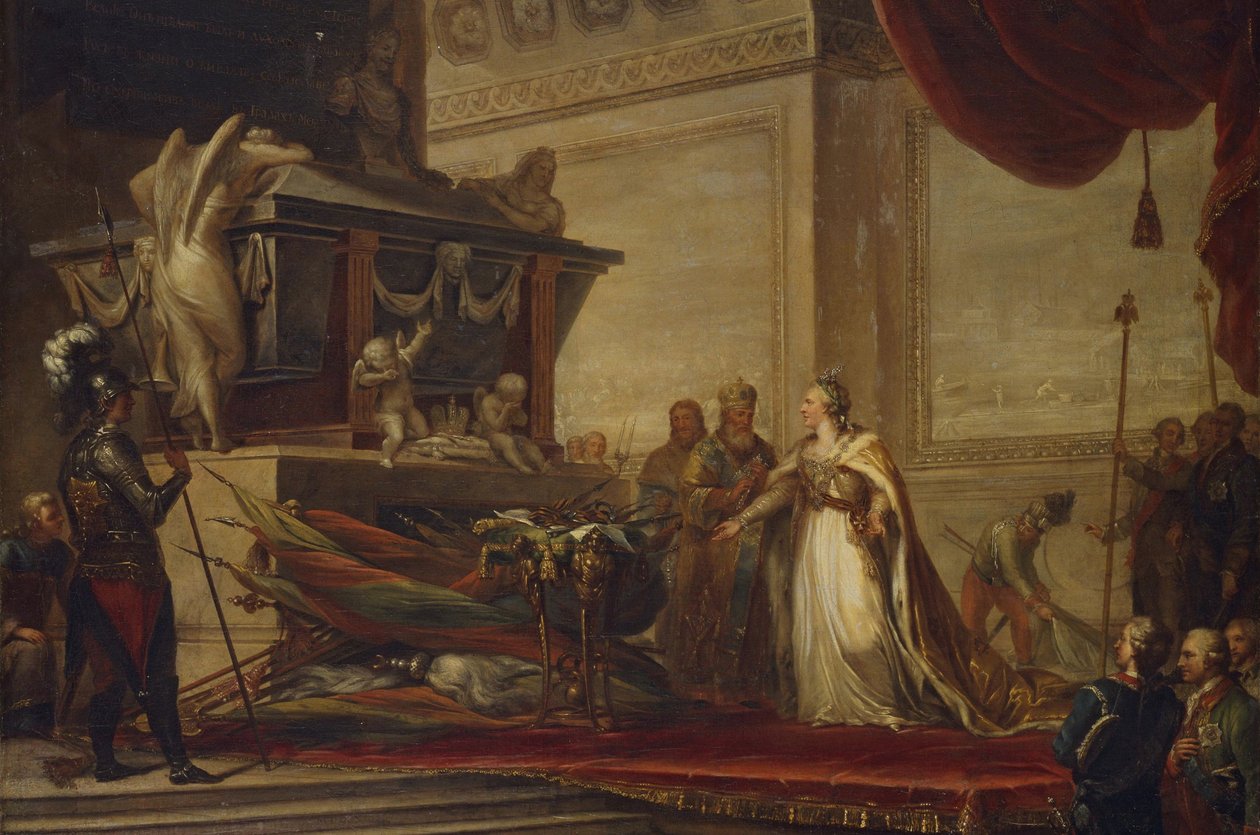 Katariina II laskemassa Chesman taistelun palkinnot Pietari Suuren haudalle, 1791 tekijältä Hüne
