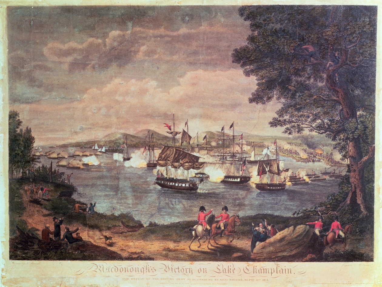 Macdonoughin voitto Champlain-järvellä ja Britannian armeijan tappio Plattsburgissa kenraali Macombin toimesta 11. syyskuuta 1814 1816 (värikaiverrus) tekijältä Hugh Reinagle