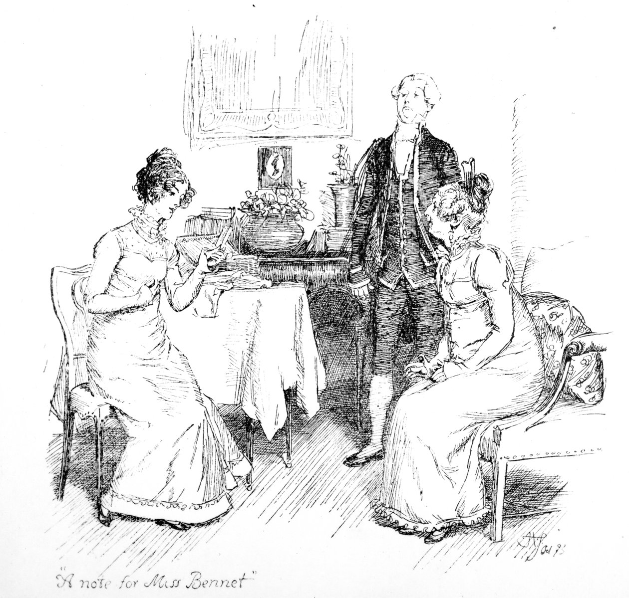"A Note for Miss Bennet", kuvitus Jane Austenin Pride und Prejudice -teoksesta, painos julkaistu vuonna 1894 tekijältä Hugh Thomson