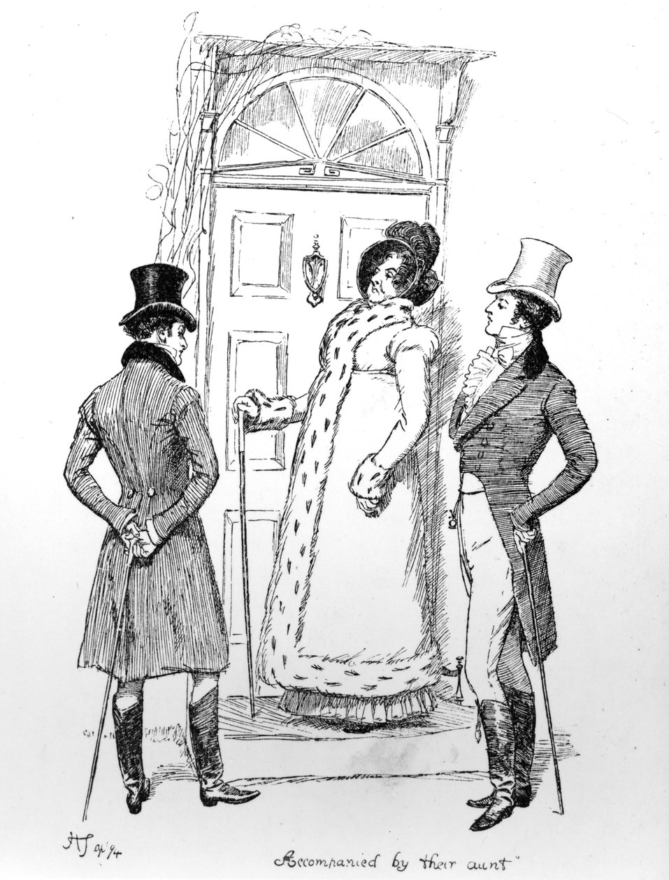 "Tätinsä mukana", kuvitus Jane Austenin teoksesta "Pride und Prejudice", painos julkaistiin vuonna 1894 tekijältä Hugh Thomson