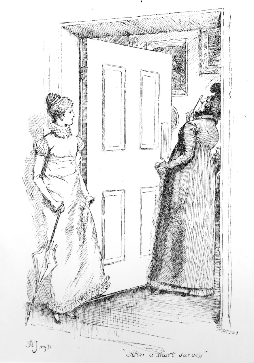 "Lyhyen kyselyn jälkeen", kuvitus Jane Austenin Pride and Prejudice -teoksesta, painos julkaistiin vuonna 1894 tekijältä Hugh Thomson