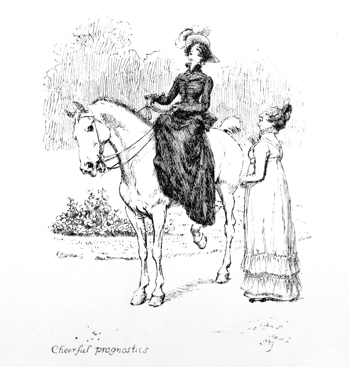 "Iloiset ennusteet", kuvitus Jane Austenin teoksesta "Pride und Prejudice", painos julkaistiin vuonna 1894 tekijältä Hugh Thomson
