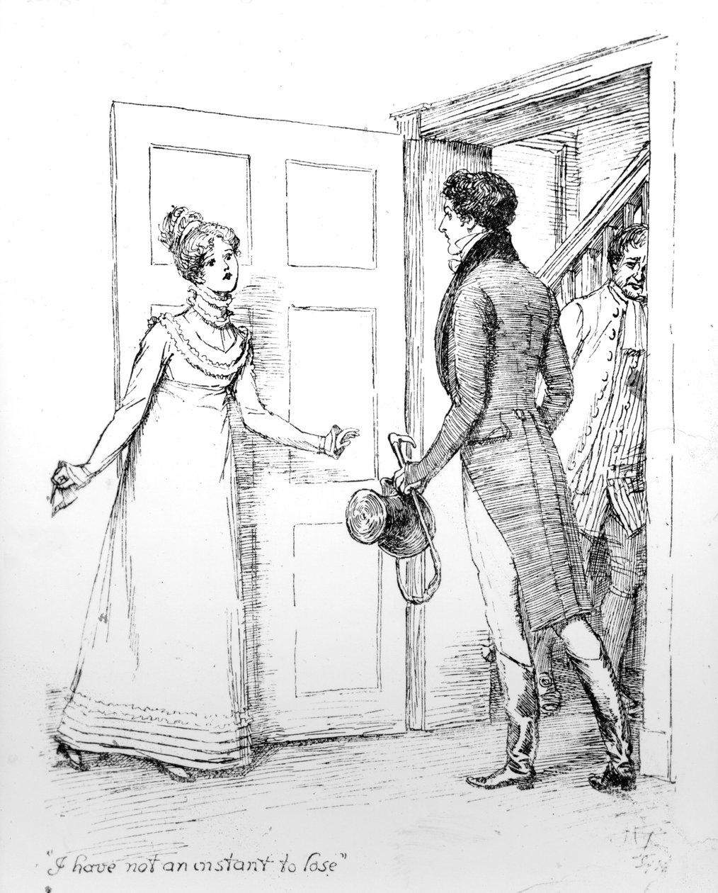 "Minulla ei ole hetkeäkään menetettävää", kuvitus Jane Austenin teoksesta "Ylpeys ja ennakkoluulo", painos julkaistiin vuonna 1894 tekijältä Hugh Thomson