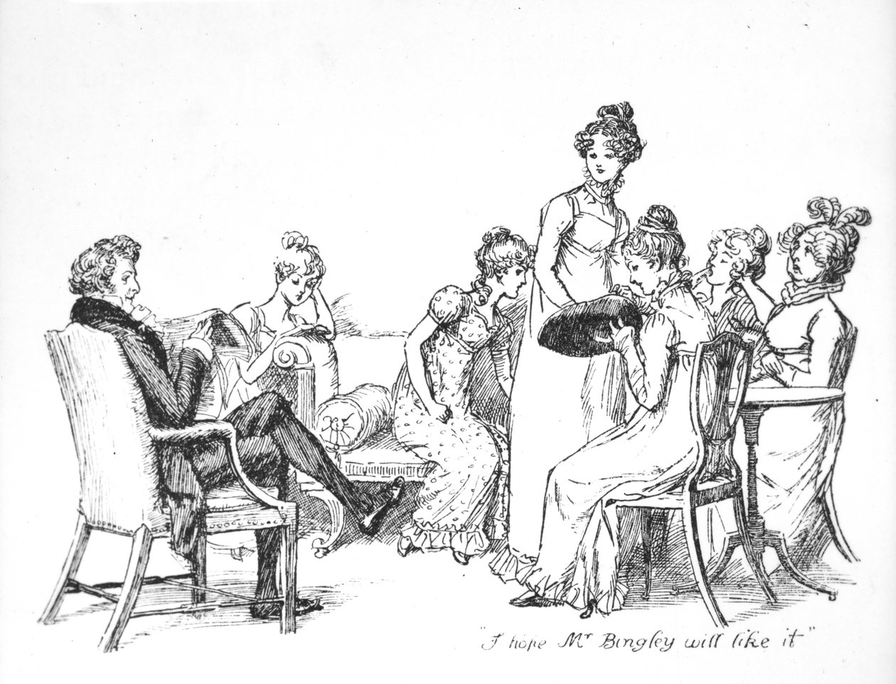 "Toivon, että herra Bingley pitää siitä", kuva Jane Austenin Pride und Prejudice -julkaisusta, painos vuonna 1894 tekijältä Hugh Thomson
