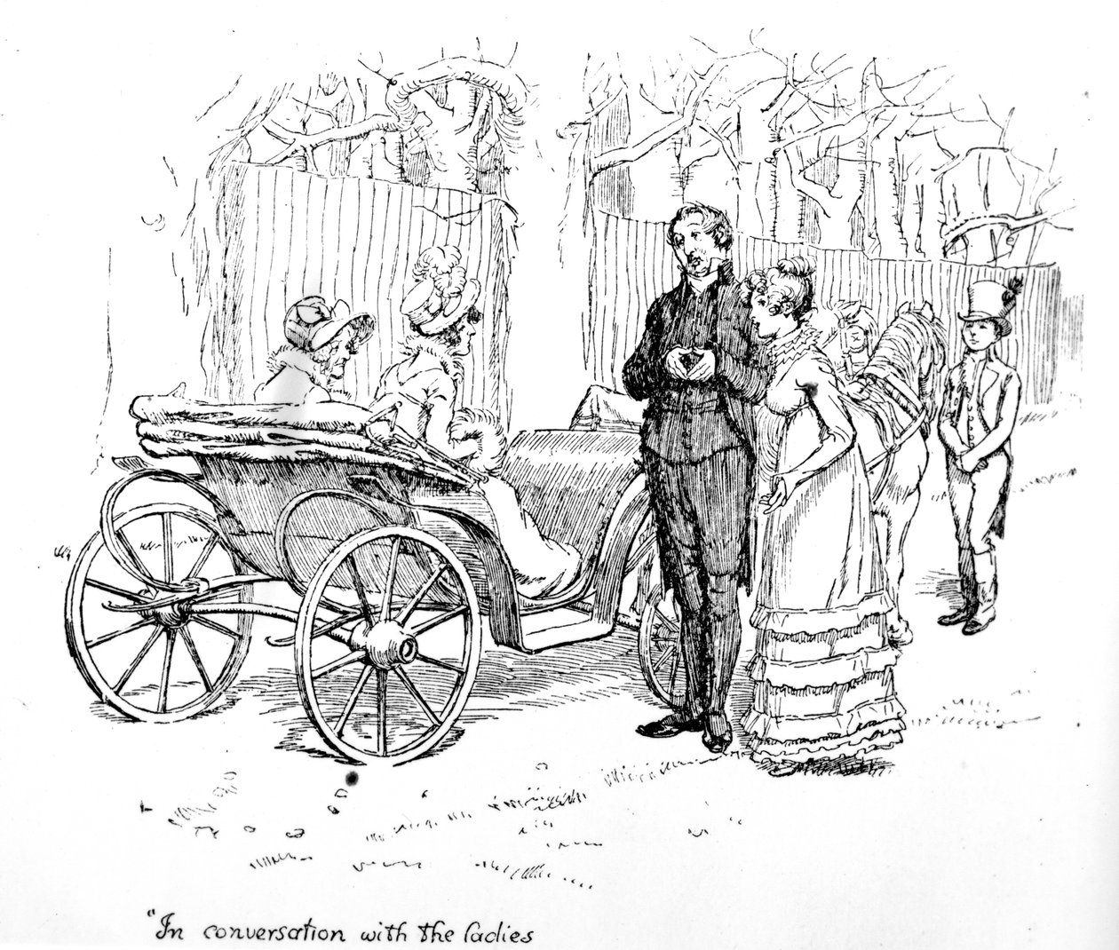 "Keskustelussa naisten kanssa", kuvitus Jane Austenin teoksesta "Ylpeys ja ennakkoluulo", painos julkaistiin vuonna 1894 tekijältä Hugh Thomson