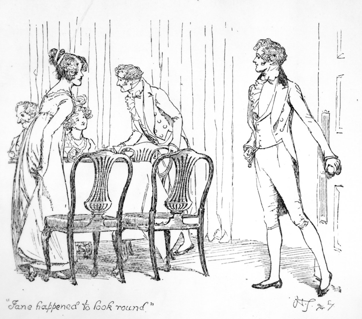"Jane sattui katsomaan ympärilleen", kuvitus Jane Austenin teoksesta "Ylpeys ja ennakkoluulo", painos julkaistiin vuonna 1894 tekijältä Hugh Thomson
