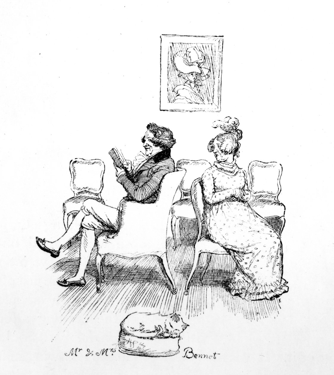 Herra ja rouva Bennet, kuvitus Jane Austenin teoksesta Pride und Prejudice, painos, julkaistu vuonna 1894 tekijältä Hugh Thomson