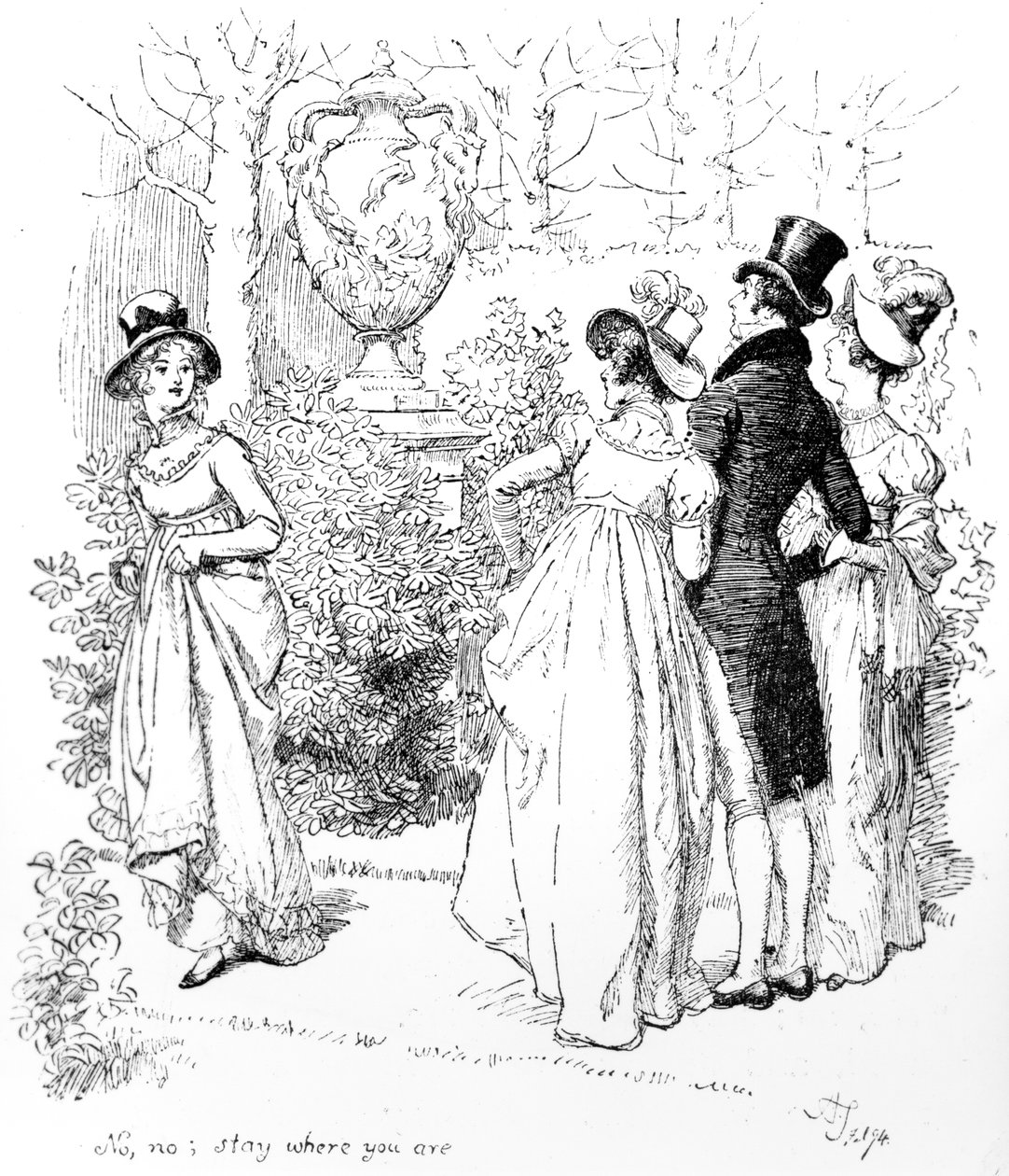 "Ei, ei, pysy siellä missä olet", kuvitus Jane Austenin teoksesta "Ylpeys ja ennakkoluulo", painos julkaistiin vuonna 1894 tekijältä Hugh Thomson