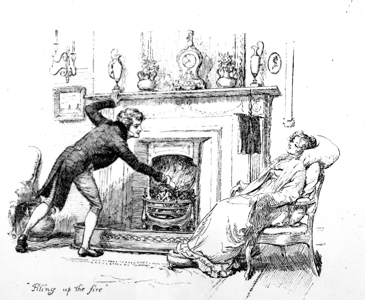 "Piling up the fire", kuvitus Jane Austenin "Pride und Prejudice" -teokselle, painos julkaistiin vuonna 1894 tekijältä Hugh Thomson