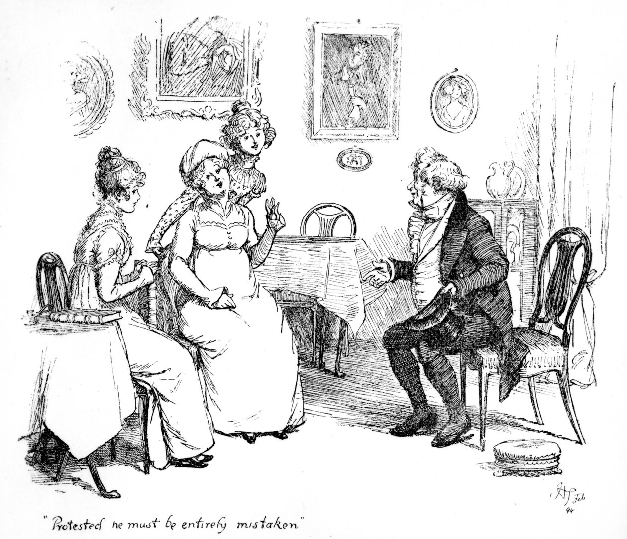 "Protestoi, että hänen täytyy olla täysin väärässä", kuva Jane Austenin Pride und Prejudice -teoksesta, painos, joka julkaistiin vuonna 1894 tekijältä Hugh Thomson