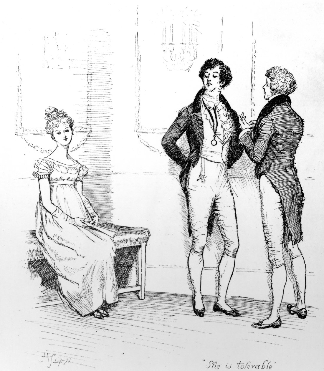 "Hän on siedettävä", kuvitus Jane Austenin teoksesta "Pride und Prejudice", painos julkaistiin vuonna 1894 tekijältä Hugh Thomson