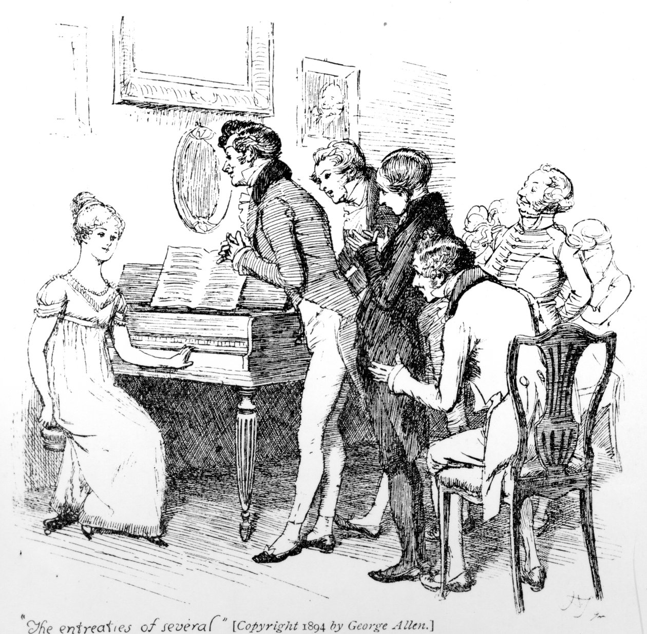 "The Enreaties of use", kuvitus Jane Austenin teoksesta "Pride und Prejudice", painos julkaistiin vuonna 1894 tekijältä Hugh Thomson