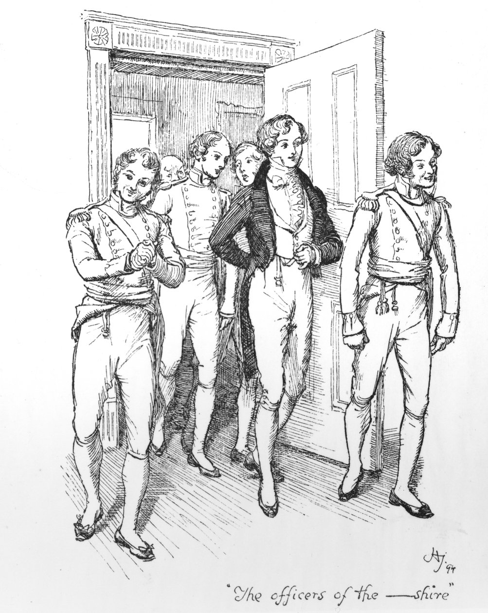 "The Officers of the -shire", kuva "Pride und Prejudice" -julkaisusta, painos julkaistu vuonna 1894 tekijältä Hugh Thomson