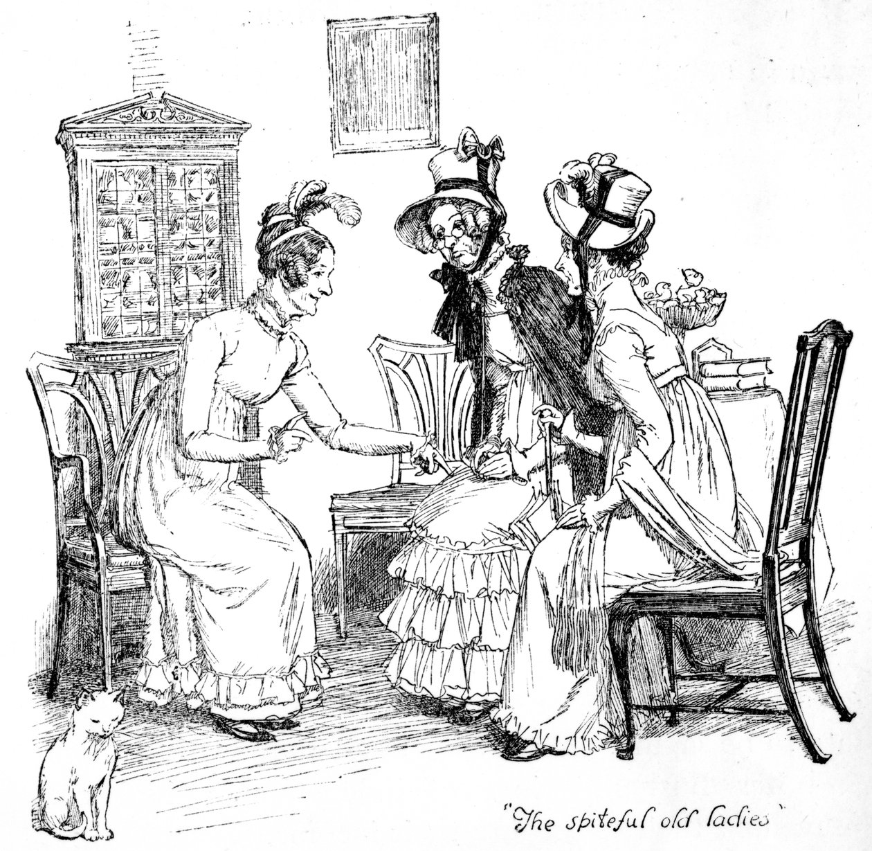 "The Spisteful old ladies", kuvitus Jane Austenin Pride und Prejudice -teoksesta, painos julkaistiin vuonna 1894 tekijältä Hugh Thomson