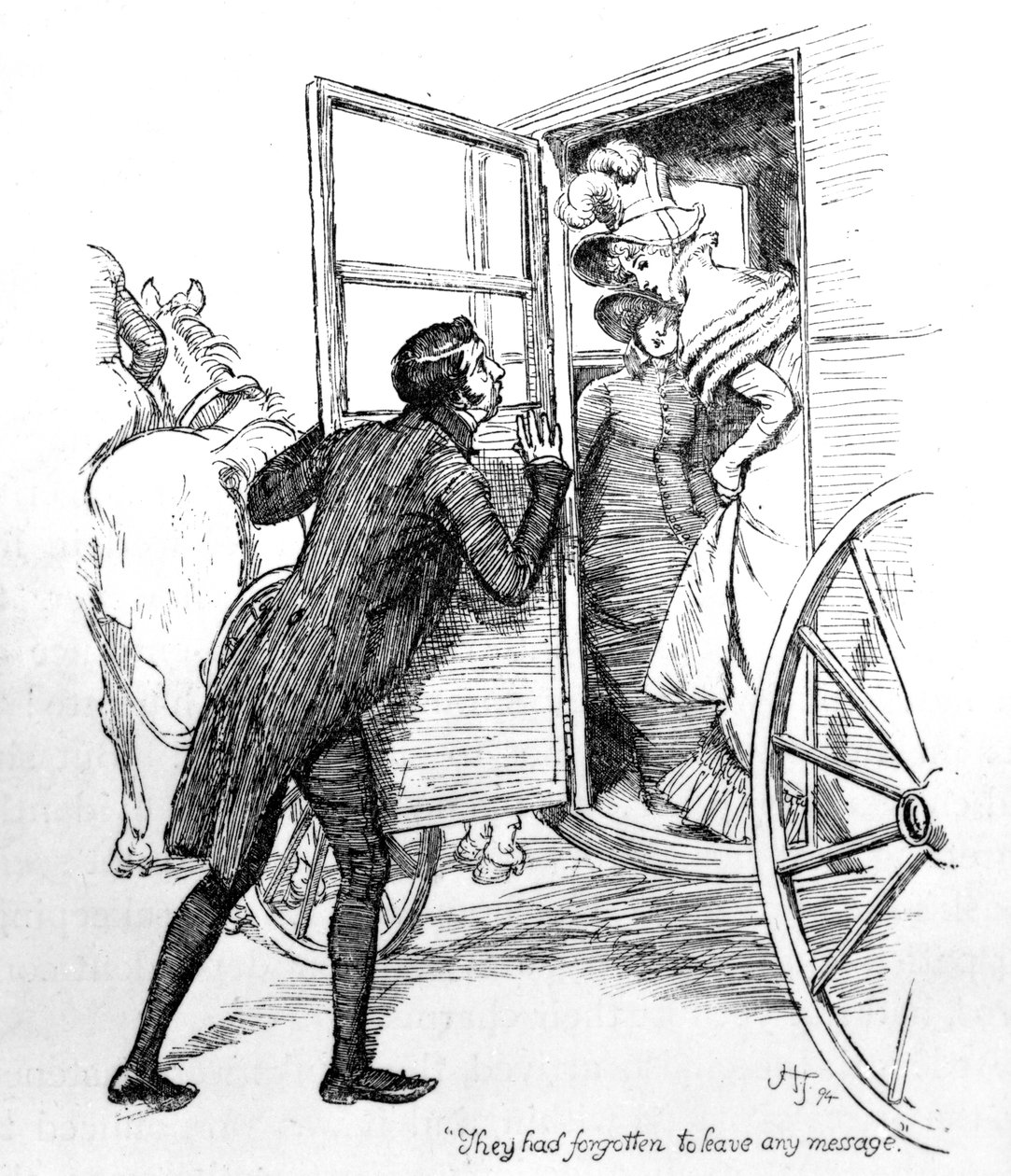 "He olivat unohtaneet jättää viestin", kuvitus Jane Austenin teoksesta "Ylpeys ja ennakkoluulo", painos julkaistiin vuonna 1894. tekijältä Hugh Thomson