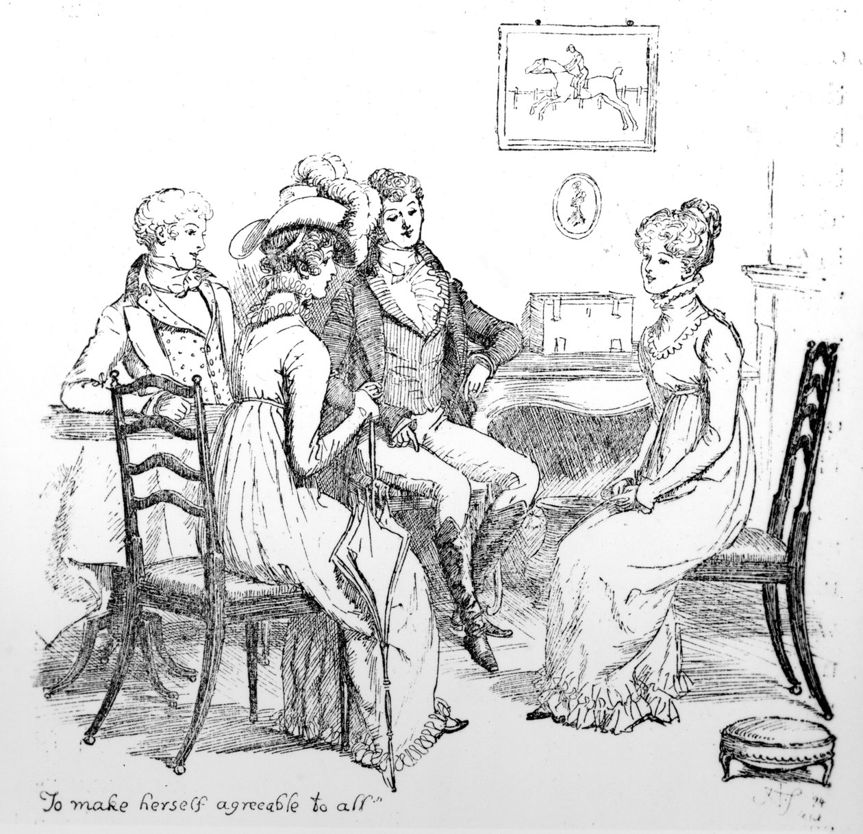 "To make itsensä miellyttävä kaikille", kuvitus Jane Austenin teoksesta "Pride und Prejudice", painos julkaistiin vuonna 1894 tekijältä Hugh Thomson