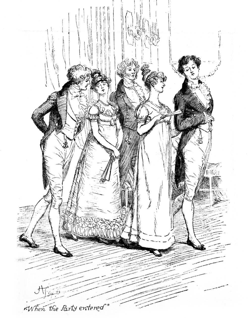 "Kun puolue tuli sisään", kuvitus Jane Austenin Pride und Prejudice -teoksesta, painos julkaistiin vuonna 1894 tekijältä Hugh Thomson