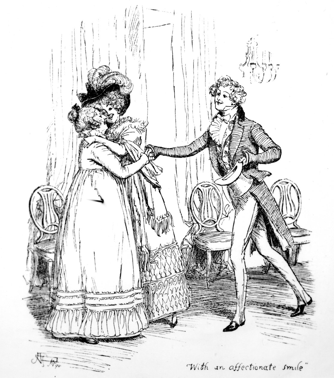 Hellä hymyllä, kuvitus Jane Austenin teoksesta Pride und Prejudice, painos julkaistiin vuonna 1894 tekijältä Hugh Thomson