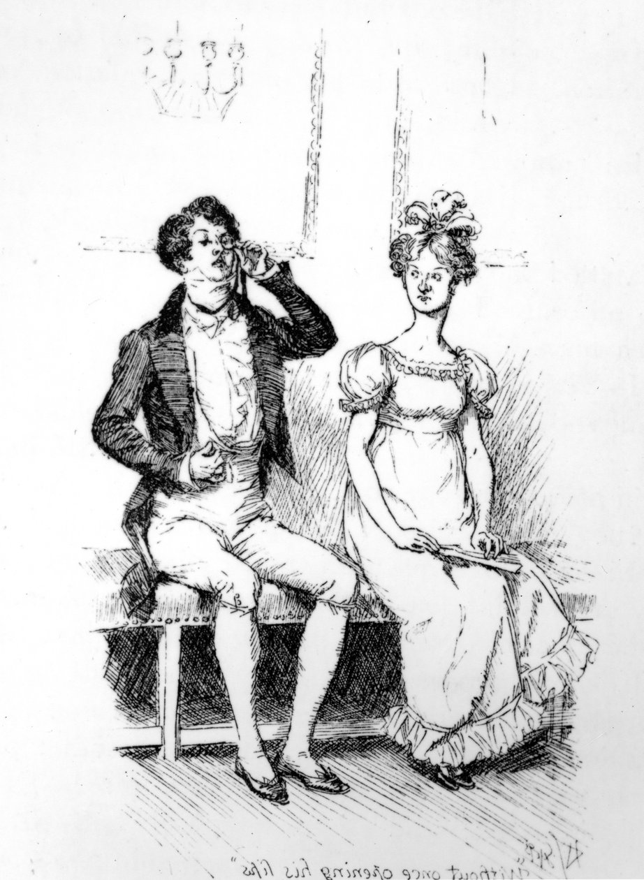 "Kerran huuliaan avaamatta", kuvitus Jane Austenin teoksesta "Ylpeys ja ennakkoluulo", painos julkaistiin vuonna 1894 tekijältä Hugh Thomson