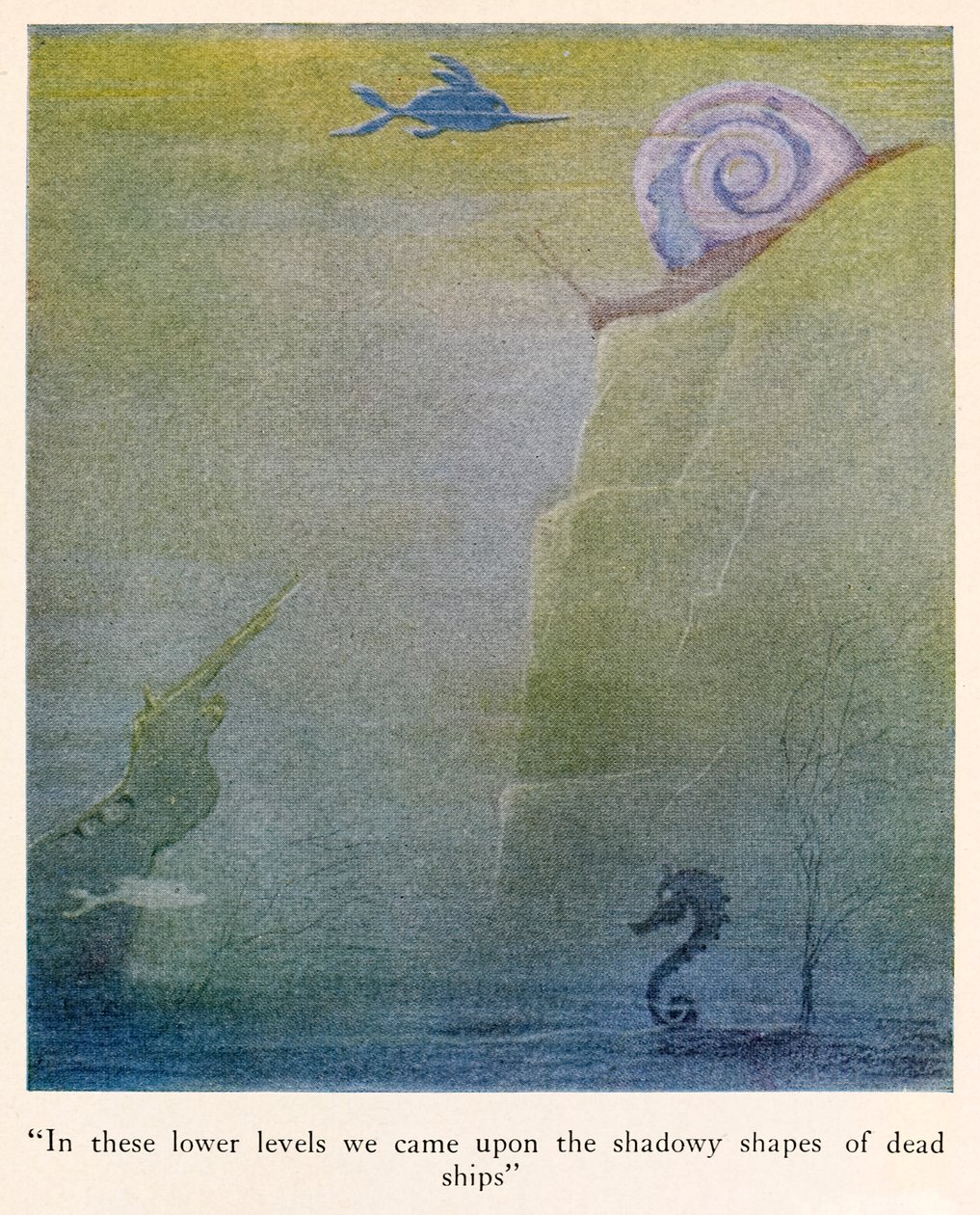 "Näillä alemmilla tasoilla törmäsimme kuolleiden laivojen varjoisiin muotoihin" -kuva teoksesta The Voyages of Doctor Dolittle tekijältä Hugh Lofting