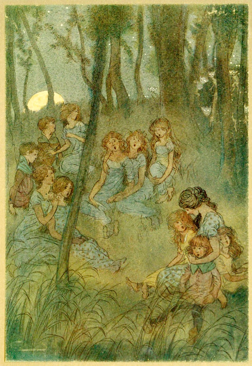 Ja iltaisin niittykeijut, katsokaa laulakaa, elokuvasta The Merry Wives of Windsor, 1910. tekijältä Hugh Thomson