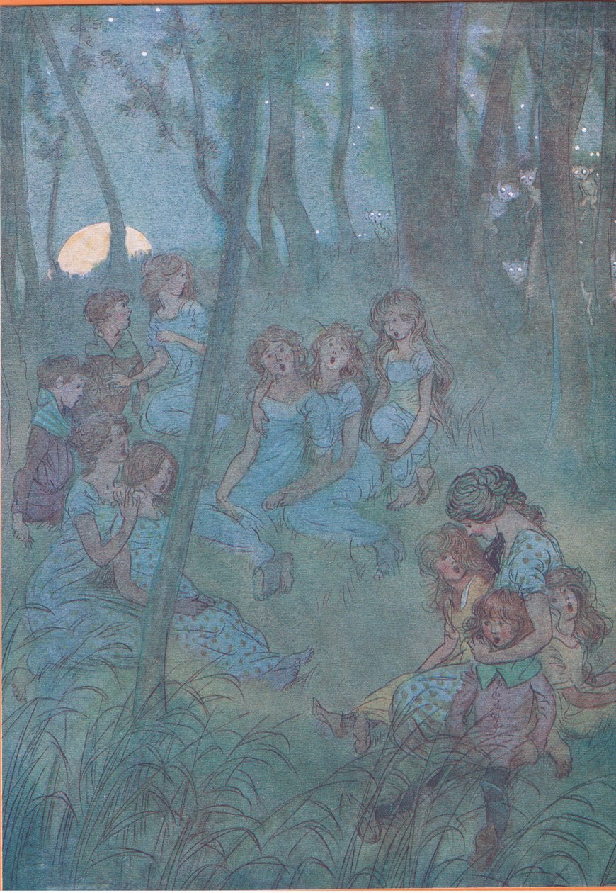Ja iltaiset niittykeijut, katsokaa laulakaa, kuvitus Windsorin iloisista vaimoista, 1910 tekijältä Hugh Thomson