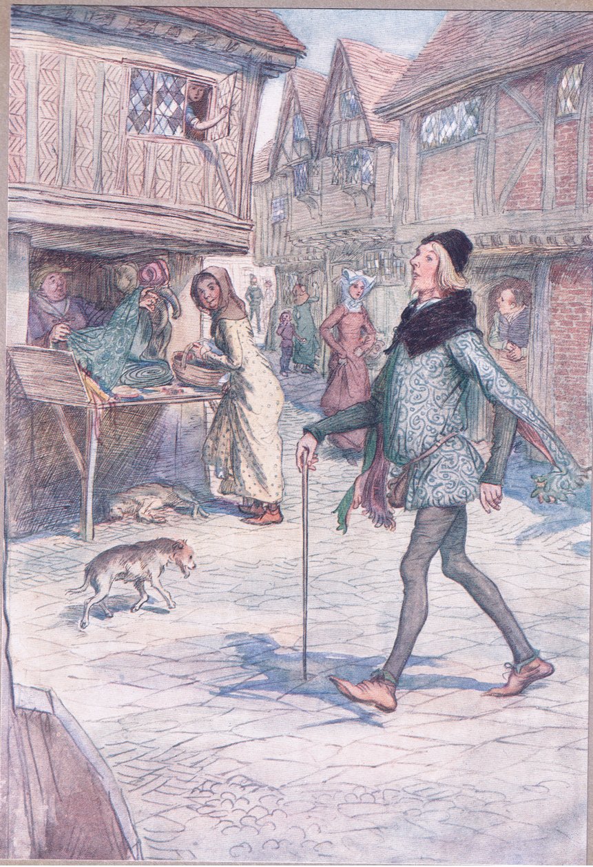 Eikö hän ikään kuin nosta päätään? Ja struct in his gate?, kuvitus teoksesta The Merry Wives of Windsor, 1910 tekijältä Hugh Thomson